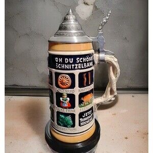 Vintage Original Thewalt German Beer Stein 9” – Schnitzelbank Relief, Pewter Lid
